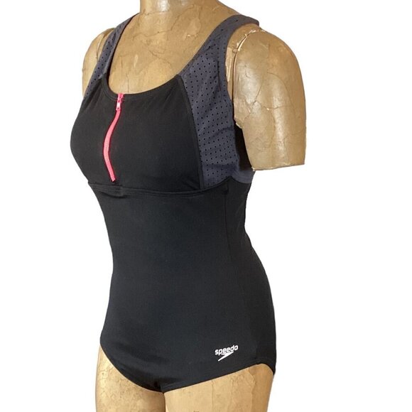 Speedo Endurance+ One Piece Swimsuit Black Zip Neck Sz 8 #293M - Picture 5 of 9